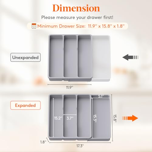 Lifewit Utensil Organizer for Kitchen Drawer, Expandable Cooking Silverware Tray, Adjustable Cutlery Flatware Holder, Plastic Spatula Tools Storage Divider, 17.3 x 15.8", Gray - color: Gray, size: 17.3*15.8*1.8 inch (4 Slots)