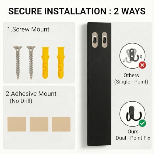 Vertical Key Holder for Wall & Dog Leash Holder – Solid Wood Wall Mount Key Rack with 8 Hooks – Small Space Saving Entryway Organizer for Keys, Lanyards, Masks (Adhesive or Screws) (Black) - color: Black