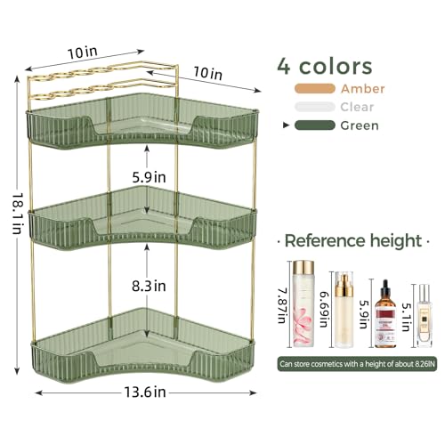 BEFSOP Corner Bathroom Counter Organizer, Upgraded 3-Tier Makeup Organizer Countertop with Makeup Brush Holder, Skincare Exquisite Vanity Organizers Countertop Bathroom Storage Dresser(Green) - color: Green, size: 3 Tier