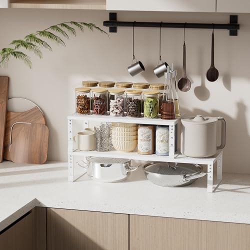 Expandable Spice Rack & Kitchen Cabinet Organizer - Stackable, Adjustable Shelves for Cabinets, Countertops, Cupboards & Pantries(2 Packs/Medium/White) - color: 2 Packs/White, size: Medium:7.8"D x 16.5"W x 6.2"H