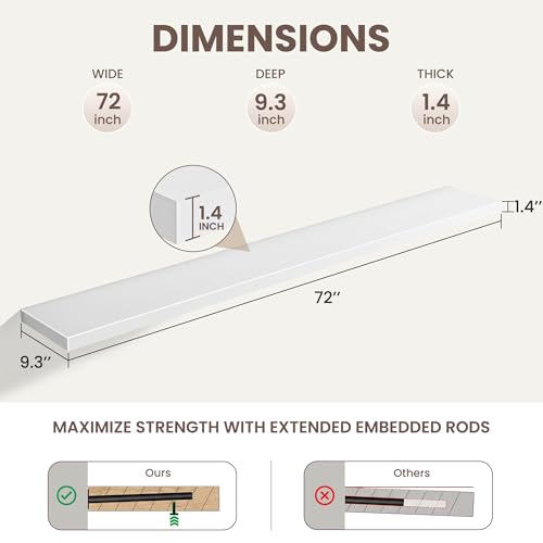72 Inch Floating Shelves for Wall Set of 1,9.3" Deep Wall Shelves,Rustic Wood Wall Mounted Book Shelves with Invisible Brackets,Extra Long Floating Shelf for Living Room,Laundry Room,Bedroom,White - color: White, size: 72 Inch,Set of 1