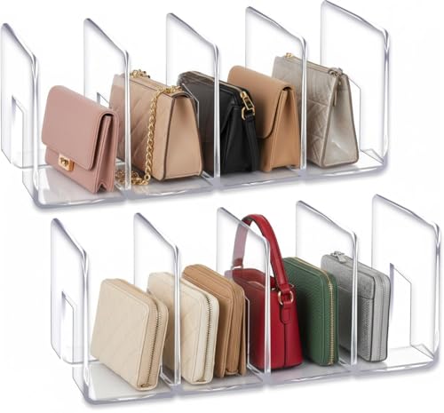 YAGELI Clear Acrylic Purse Organizer for Closet, 3-4 Section Desk File Sorter, 2.95" Wide Slots for Clutches, Handbags, Binders & Folders, Sturdy Stackable Bookshelf Organizer - size: 2Pack-4Sections-1