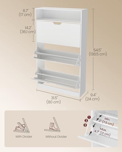 VASAGLE Custos Collection - Shoe Cabinet, Shoe Organizer, Open Compartment, Adjustable and Removable Dividers, 3 Flip Drawers, 9.4 x 31.5 x 54.5 Inches, for 21-24 Pairs, Cloud White ULBC043WB01 - color: Cloud White, size: 9.4"D x 31.5"W x 54.5"H, style: s