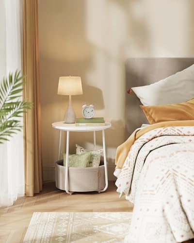 VASAGLE LILEA Collection - Small Round Side End Table, Modern Nightstand with Fabric Basket, for Living Room, Bedroom, Set of 2, Matte White and Camel Brown ULET225WG01S - color: Matte White + Camel Brown, size: Round + 2 pack