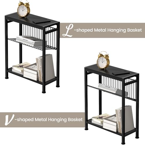 End Table for Small Space, 3-Tier Narrow Side Table with Magazine Holder, Nightstand, Skinny Snack Couch Table in Living Room, Bedroom Study and Balcony (Black) - color: Black