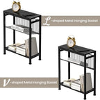 End Table Set of 2 for Small Space, 3-Tier Narrow Side Table with Magazine Holder,Slim Nightstand, Skinny Snack Couch Table in Living Room, Bedroom Study and Balcony (Black) - color: Black-2pcs