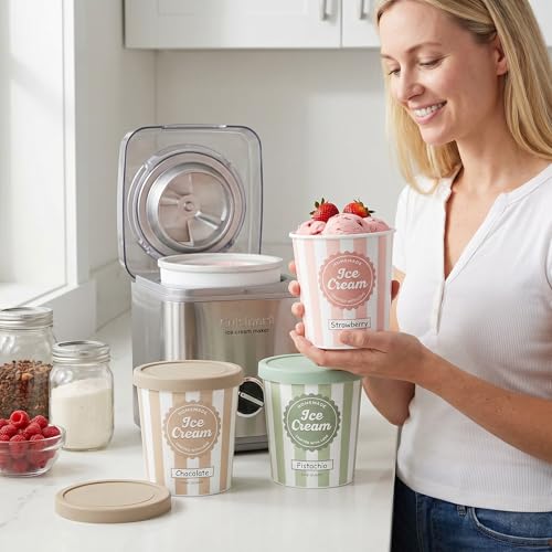 ZICOTO Set of 3 Reusable Ice Cream Containers 1 Quarts ea. - Perfect for Homemade Sorbet, Frozen Yogurt Or Gelato - Stackable Storage Pint Containers, Stickers And Lids Stores Easily In Freezer
