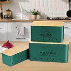 Kitchen Vegetable Storage Set of 3, Metal Onion Garlic Potato Storage Set, Kitchen Canisters Vegetable Keeper Containers with Aerating Holes and Wooden Lid (Alpine Green) - color: Alpine Green