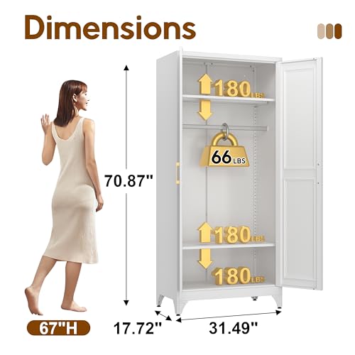 UNICOLY Armoire Wardrobe Closet with Doors, 71'' Wardrobe Cabinet with Hanging Rod, Metal Closet with 2 Adjustable Shelves for Bedroom School, Employee, Gym, Armarios De Ropa para Dormitorio, White - color: White, size: 71 Inch square-J with 0 Drawers