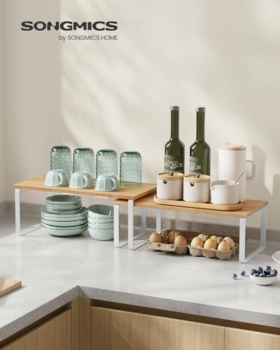 SONGMICS Cabinet Organizer Shelf, Set of 4 Kitchen Counter Shelves, Kitchen Storage, Spice Rack, Stackable, Expandable, Metal and Engineered Wood, Cloud White and Natural Beige UKCS210W01 - color: Cloud White + Natural Beige, size: 15.6"W