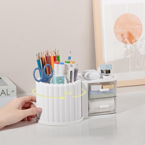 Anyoifax 360° Rotating Pen Holder 7 Slots Desk Organizer with Drawer Removable Pencil Cup Plastic Art Supplies and Accessories Desktop Storage Box Caddy for Office, School, Home (White) - style: White+Drawer