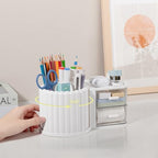 Anyoifax 360° Rotating Pen Holder 7 Slots Desk Organizer with Drawer Removable Pencil Cup Plastic Art Supplies and Accessories Desktop Storage Box Caddy for Office, School, Home (White) - style: White+Drawer