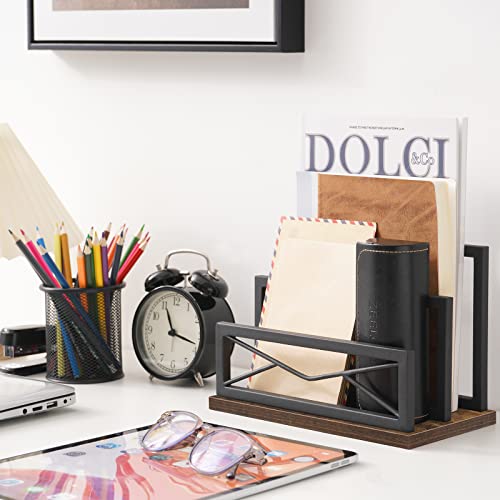 Snughome Desktop Mail Organizer, Desk Mail Organizer with 2-Slot Matte Black Metal Desktop Mail Sorter, Metal Storage File Holder Letter Sorter Organizer for Home or Office, Rustic Brown