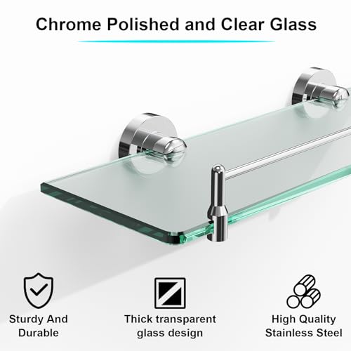 Glass Bathroom Shelves,Chrome Polished Floating Shelves for Wall Rectangular Modern Stainless Steel Glass Shelf for Bathroom Shelves Wall Mounted 16 Inch - color: Chrome Polished, size: 16"with railing