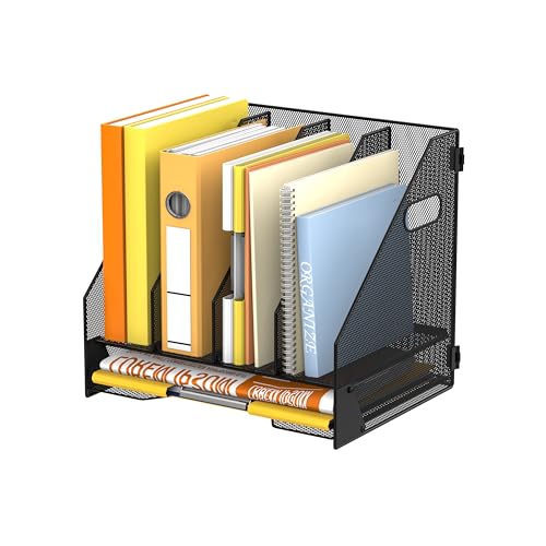 DALTACK Magazine File Holder, 4 Vertical Compartments Rack Binder Organizer with Paper Tray, Metal Magazine Organizer for Office, Home, School (Black) - size: 4Rack