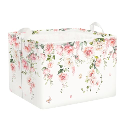 Clastyle Flower Girl Book Storage Basket Spring Summer Floral Women Clothes Organizer Bin Parents Gift Toy Box for Bedroom Shower, Pink Rose, 40x30x30 cm