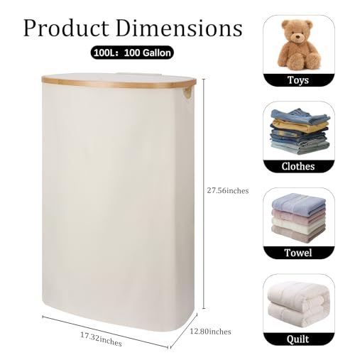 Laundry Hamper with Lid, 100L Clothes Hampers for Laundry with Bamboo Handles and A Removable Bag, Fordable laundry Basket with Lid for Bathroom, Bedroom, Dorm, Laundry Room - color: Beige, size: 100L