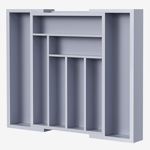 Pipishell Bamboo Expandable Drawer Organizer for Utensils Holder, Adjustable Cutlery Tray, Wood Drawer Dividers Organizer for Silverware, Flatware, Knives in Kitchen, Bedroom, Living Room(Grey) - color: Grey, size: Large