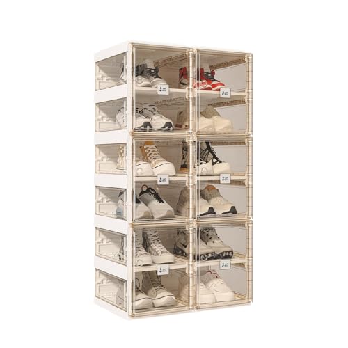 ANTBOX Foldable Shoe Rack,Shoe Organizers for Closet Plastic Shoe Storage Box For Entryway,Living Room,Large Sturdy Stackable Sneaker Cabinet Bins With Magnetic Clear Door 6 Tiers 12 Pairs - color: Brown, size: 6 Tiers 12 Pairs