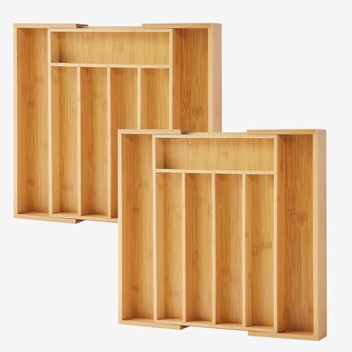 2-Piece Bamboo Silverware Organizer, Expandable Kitchen Drawer Organizer for Cutlery and Utensils, Multifunction Adjustable Bamboo Wood Cutlery Tray in Drawer for Flatware, (Natural) - color: Natural, size: 7 Slots Expandable-2Pack