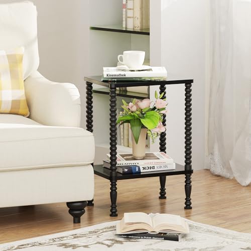 Side Table, 2-Tier Wood End Table, Vintage Bedside Nightstand with Open Storage Shelf for Living Room, Bedroom, Office, Black - color: Black, size: 2-Tier