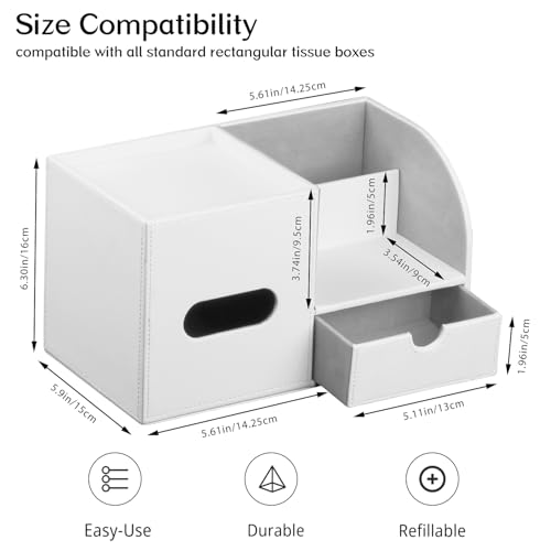 Leather Nightstand Organizer with Tissue Holder,White Square Tissue Box Cover with Organizer, Decorative Modern Facial Paper Storage Box for Bathroom Living Room Vanity Table Countertop Office - color: Cream
