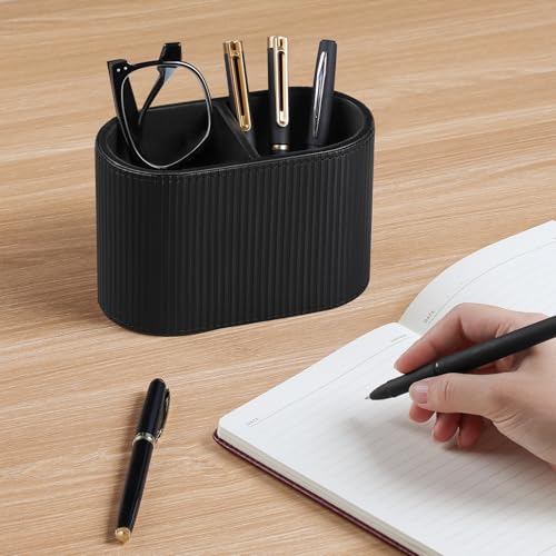 PU Leather Pen Holder for Desk, Small Remote Control Holder Pencil Cup Multifunctional Desktop Organizer Caddy for Home School Office Desk Accessories - 2 Compartments (Black Ribbed Texture) - color: Black Ribbed Texture
