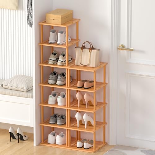 MHXW SXPN Bamboo Free Standing Shoe Rack Shelf Multi Tier Tall Wooden Stackable Shoes Rack Organizer for Closet Front Door Entrance Narrow Vertical Shoe Storage (Nature, 12 Tiers) - color: Nature, size: 12 Tiers