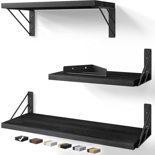 BAYKA Wall Mounted Floating Shelves, Wood Floating Wall Shelf for Books & Decor, Small Space-Saving Display & Organizer（Black，Set of 3） - color: A. Black Board & Black Brackets, size: 16-inch Mixed