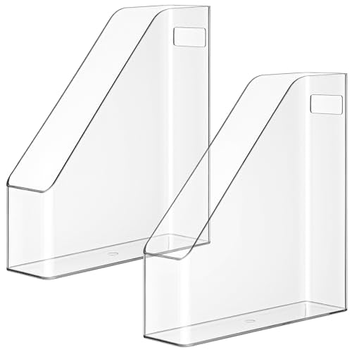 Kifmurase 2PCS Vertical File Holder, Clear Plastic Standing File Shelf and Organizer for Office Home Magazines Notebooks Folder Binders, Multi-purpose Desktop Document Storage Vertical Rack
