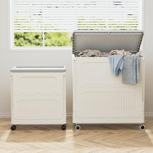 HAIXIN HOME Slim Rolling Laundry Hamper with Lid, 60L Foldable Plastic Laundry Basket on Wheels with Handle, Dirty Clothes Hamper Cart for Narrow Spaces, Bedroom, Bathroom, Closet, Dorm, Under Table - color: Milky, size: 60L - 1 Pack