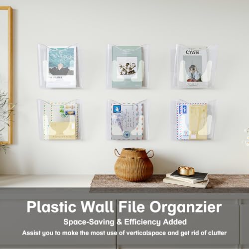 PAG 6-Pocket Clear Wall Mount File Organizer for Office, Vertical Hanging Document Paper Folder Holder for Home, Letter Size Mail Sorter, Transparent Magazine Literature Rack with Mounting Hardware