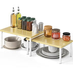 Simple Houseware Expandable Stackable Cabinet and Counter Shelf Organizer with Wooden Surface, 7.6'' D x 11.75'' W x 6.1'' H, Oak - color: Oak