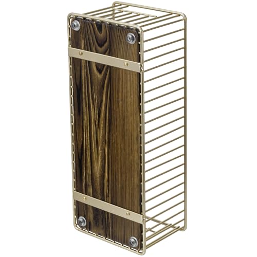 MyGift Modern Brass-Tone Metal Wire Toilet Paper Holder Basket with Rustic Burnt Solid Wood Base, Toilet Tank Topper Organizer Tray Bathroom Sink Counter Toiletries Storage - color: Brass / Burnt Wood