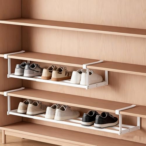 Under-Shelf Expandable Shoe Rack Organizer, White Metal, 40-70cm Width Adjustable, Cabinet Storage for Closet (2 Pcs)