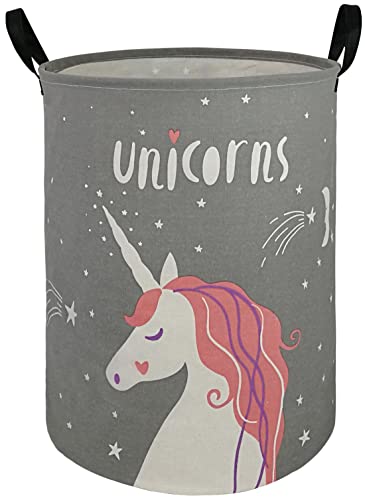 KUNRO Kids Laundry Hamper Clothes Gift Basket Storage Laundry Baskets Organizer Bin with Handles for Nursery Room (Grey Unicorn) - color: Grey Unicorn