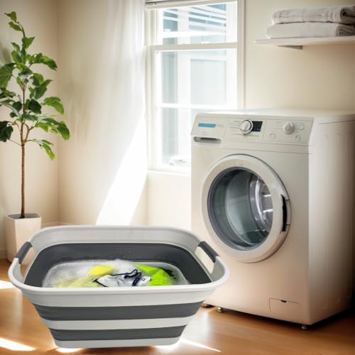 SMMART Collapsible Plastic Laundry Basket with Handle/Foldable Pop Up Storage Hamper/Portable Laundry Organizer-Space Saving Washing Tub/Household Storage Supplies (Grey/Steel Grey, 27L (Set of 2)) - color: Grey/Steel Grey, size: 27L (Set of 2)
