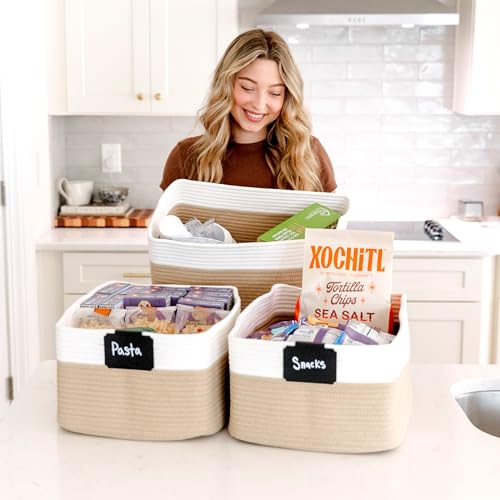 NaturalCozy Storage Baskets 16.8”x13”x7.6” Cotton Rope Woven Baskets for Organizing 3-Pack | Toy Storage Bins | Basket for Shelves, Laundry, Blanket, Clothes, Closet, Kitchen, Bathroom, Gifts - color: Off White & Tan Brown