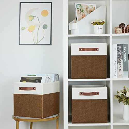 HNZIGE Fabric Cubes Storage Bins Set of 4,11 x 11 Clothes Storage Cube Baskets,Cube Organizing Bins for Shelves with Handles,Canvas Baskets for Organizing Home(Brown White) - color: Brown White, size: 11"x11"x11"-4pack