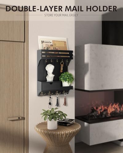 Rebee Vision Modern Key Holder Wall Mount with Mini Drawer Organizer - Decorative Mail Organizer with 9 Key Hooks and Floating Shelf - Stylish Home Decor for Apartment Essentials (Black) - color: Black, style: Small Drawer