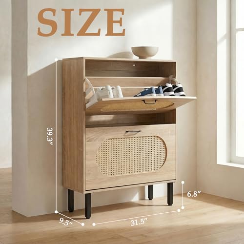 SUNCROWN 2 Flip Drawers Shoe Storage Cabinet, Freestanding Narrow Entryway Organizer, Natural Semi-Circular Rattan Doors, Adjustable Shelves & Anti-Tip Kit, Brown - color: Brown, size: Style A