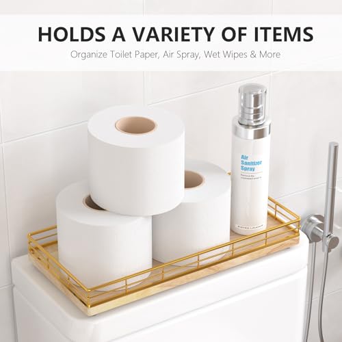 Toilet Paper Basket Organizer – Oak Wood Toilet Tank Tray with Metal Frame, Bathroom Counter Top Storage for Toilet Paper, Wipes & Decor, Modern Narrow Back of Tank Shelf Organizer, Gold & Nature Oak - color: Gold & Oak, size: 13" x 6.5" x 2"