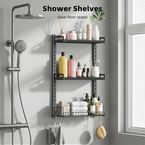 Kalrin 3 Tier Bathroom Shelves Over Toilet - Wall Mounted Floating Shelves with Drain Basket, Toilet Paper Storage, Height Adjustable Over The Toilet Storage, Pure Black - color: Pure Black
