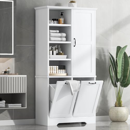Virubi Tall Laundry Hamper Cabinet with 2 Tilt Out Hamper, Wood Tall Bathroom Laundry Room Storage Cabinet with Adjustable Shelves, Freestanding (White) - color: White, size: 31"x14"x68"