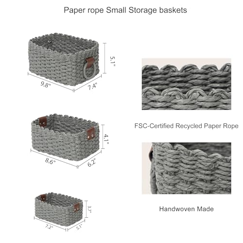 Small baskets for Organizing,Cute woven Storage basket with recycled paper rope for Shelves Bathroom,Little decorative basket,Set of 3 (Dark Grey) - color: Dark Grey