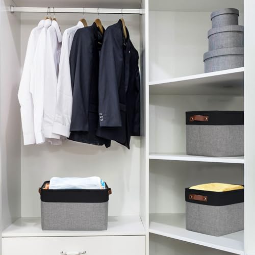 Bagnizer Storage Bins Large Fabric Storage Baskets for Shelves 3 Pack, Decorative Linen Closet Baskets with Handles for Organizing, Shelf, Clothes, Home, Office, 15x11x9.5Inches (Grey&Black) - color: Gray / Black, size: Large -15"x11"x9.5"