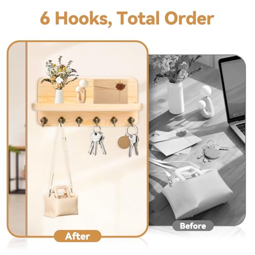 Key Holder for Wall, Mail Organizer Wall Mount with 6 Hooks Wooden Hanging Key Rack for Home Decor, Hallway, Entryway (Wood Color) - color: Wood Color