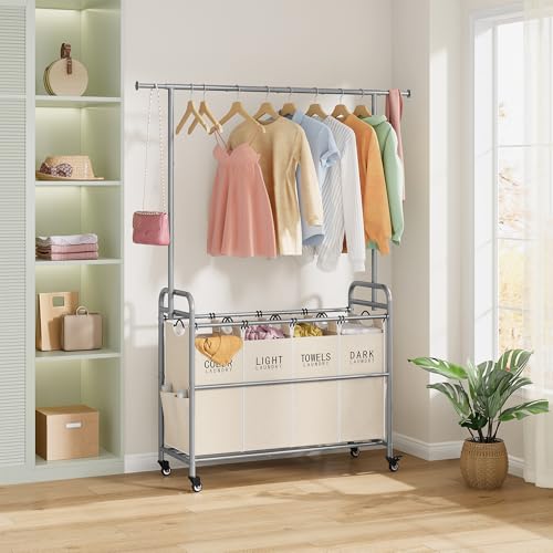 Tajsoon Laundry Hamper with Hanging Rack, Laundry Sorter 4 Sections, 4 Basket Butler with Lockable Wheels and Removable Bag, Rolling Laundry Cart for Bedroom, Beige - color: Beige, size: 4 bag