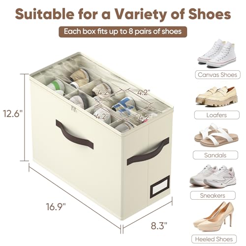 OIAHOMY 2 Pack Shoe Organizer for Closet, Foldable Shoe Storage Bins with Adjustable Dividers, Stackable Oxford Cloth Sneaker Boxes for Entryway Bedroom, Fits Up to 16 Pairs, Beige - color: Beige, size: 2 Pack