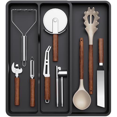 Lifewit Utensil Organizer for Kitchen Drawer, Expandable Cooking Silverware Tray, Adjustable Cutlery Flatware Holder, Plastic Spatula Tools Storage Divider, 14.4 x 15.8", Black - color: Black, size: 14.4*15.8*1.8 inch (3 Slots)